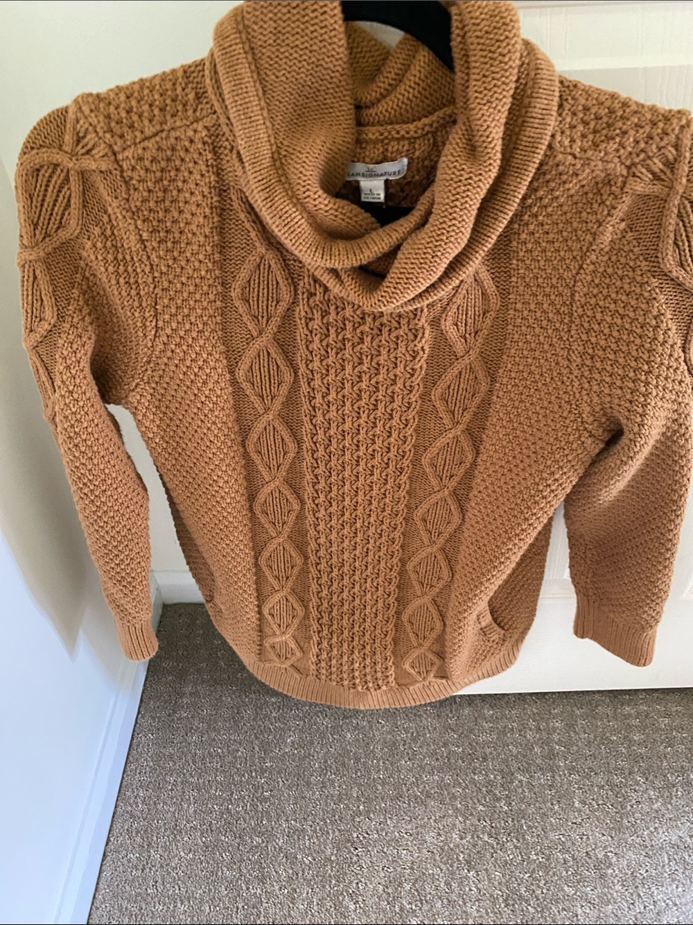 L.L. Bean Camel Cable-Knit Cowl Neck Sweater